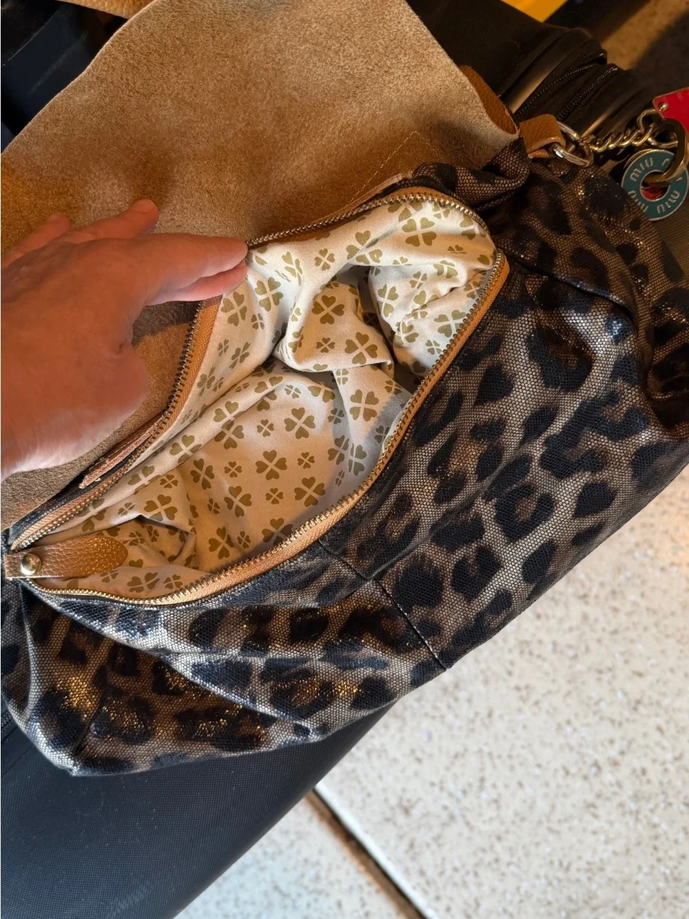Genuine leather Leopard Print Tote with Tan Leather Trim and designer accents